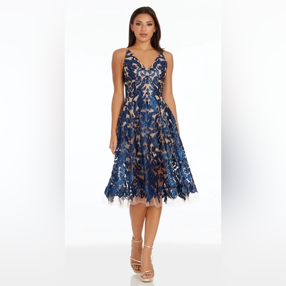 Dress The Population Blair Floral Lace Sequins Dress in Navy Nude XXS